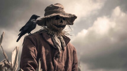 Fototapeta premium Scary scarecrow with crow on shoulder in foggy field