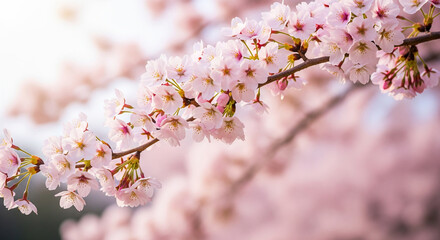 Pink cherry blossoms bloom on a tree branch against a soft sky, capturing the beauty of the spring season