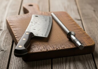 A butcher cleaver and sharpening steel rest on a rustic wooden cutting board
