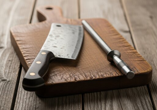 A butcher cleaver and sharpening steel rest on a rustic wooden cutting board - Powered by Adobe