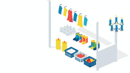 Isometric view of a store display with clothes candles and boots arranged on shelves and hangers
