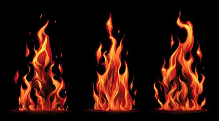 Three vibrant fire illustrations against a black background.  Each displays flames with varying degrees of intensity, from base to tip, in warm orange and red tones