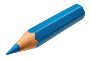 Blue colored pencil with sharpened wood tip, showcasing its vibrant pigment and smooth finish, on transparent background.