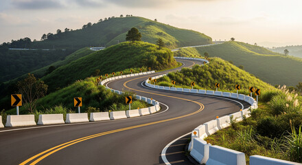 Winding mountain road with scenic green hills and sunlight in the countryside, ideal for travel and adventure background concept
