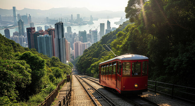 Red tram descending from Victoria Peak with panoramic view of Hong Kong skyline, urban cityscape, harbor, and green forest hills in the morning sunlight