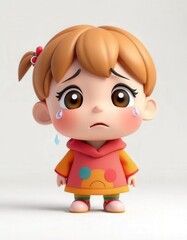Fototapeta premium 3D Cartoon Sad Little Girl Crying with Teary Eyes on White Background