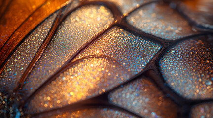 Macro abstract view of a butterfly wing covered in shimmering iridescent scales and water droplets creating a sparkling and intricate texture