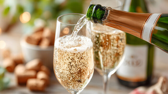 Sparkling wine is being poured into elegant glasses, surrounded by festive decorations and corks, creating a celebratory atmosphere for special occasions. Selective focus
