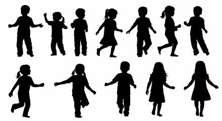 Group of children silhouette in various poses, showcasing diversity of childhood movement. Silhouette of children presents playful silhouettes of little kids moving and playing.