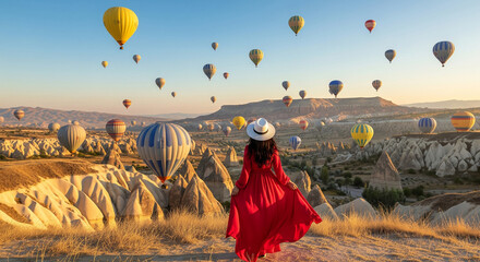 Woman in red dress watching colorful hot air balloons at sunrise over Cappadocia, Turkey, scenic landscape with fairy chimneys and magical sky, travel adventure moment