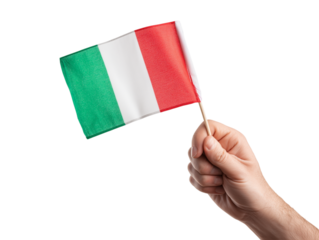 A hand proudly waves the vibrant Italian flag, a symbol of national identity, culture, and heritage against the backdrop of a pure background.