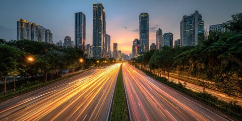 Fototapeta premium City highway at twilight. Urban expressway with blurred car lights streaking across the lanes at sunset. Skyscrapers line the horizon, with trees bordering the road