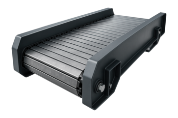 Industrial conveyor belt with a robust metal frame and slatted surfaces designed for manufacturing or packaging purposes on transparent background.