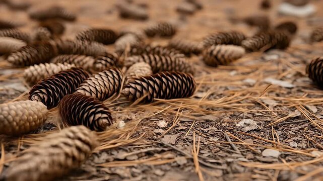 Pine Cones Scattered on Forest Floor with Needles Ground Level View