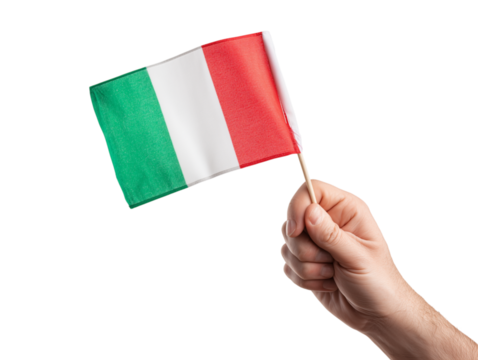 A hand proudly waves the vibrant Italian flag, a symbol of national identity, culture, and heritage against the backdrop of a pure background.