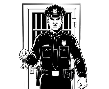 Illustration depicts prison guard holding keys to unlock the door to prison, security is tight. Prison guard uniform is crisp and professional, a symbol of law enforcement,