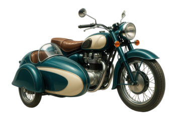 Classic vintage motorcycle with a stylish sidecar featuring teal and cream paint and brown leather seats on transparent background.