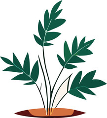 Stylized illustration of a lush green plant with multiple fern like leaves emerging from a brown patch of earth