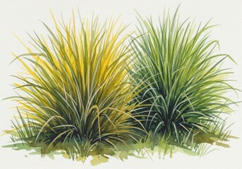 Watercolor painting of ornamental grass tufts in green and yellow