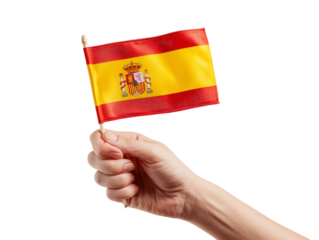 An individual holds the Spanish flag, showcasing its vibrant colors and coat of arms, conveying national pride and heritage in this striking image.