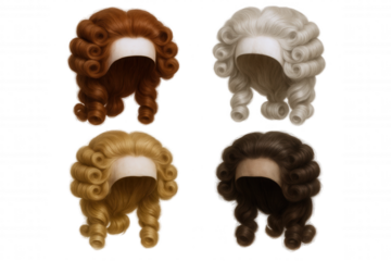 Collection of Four Elaborate Historical Wigs in Various Natural Hair Colors Showcasing Intricate Curls and Volume