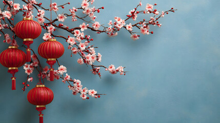 buddhist festival decor, vesak day decorations cherry blossoms and asian scenery with space for text