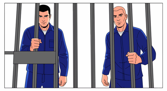 In prison, two men stand behind bars. Jail scene depicts prisoners standing in cells, wearing blue jumpsuits and looking forward. This jail image reflects themes of imprisonment and incarceration.