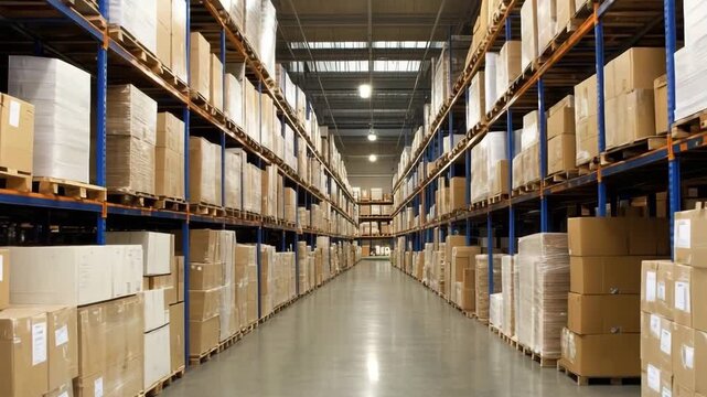 Exploring a large warehouse filled with stacked boxes