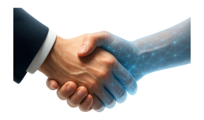 Human hand shaking a digital, networked hand symbolizing technology partnership on transparent background.
