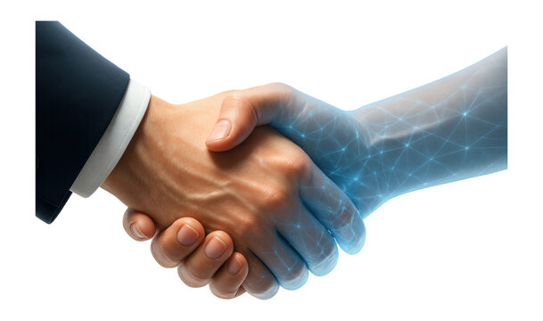 Human hand shaking a digital, networked hand symbolizing technology partnership on transparent background.