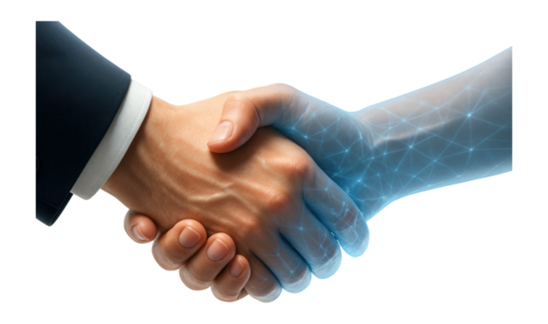 Human hand shaking a digital, networked hand symbolizing technology partnership on transparent background.
