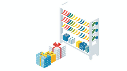 Obraz premium Isometric view of gifts and a white shelf with colorful decorations and presents on the shelves shown