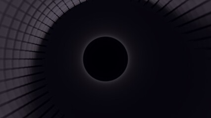 3D render of a dark tunnel with a central black void, surrounded by a curved grid structure fading into shadow. Subtle purple glow and radial symmetry create a moody sci-fi look. Suitable for tech
