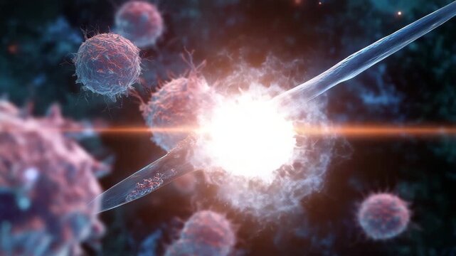 Colorful display of pink and white balls scattered throughout a blue background. stylized sword of light slicing through cancer cell cluster, break cancer cells, targeted therapy