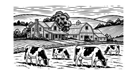 Farm scene showing grazing cows and buildings in countryside. Farm scene offers idyllic view of pasture and animals, capturing rural beauty.