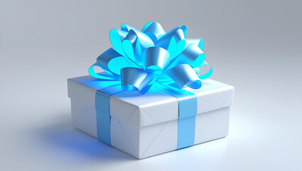 A glowing blue bow gift card design displayed on a clean white background in festive elegance