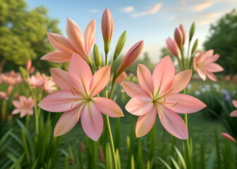 Beautiful Pink Schizostylis Flowers Blooming in a Garden Setting