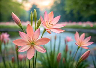 Beautiful Pink Schizostylis Flowers Blooming in a Garden Setting
