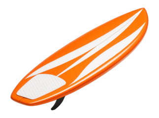 Bright orange surfboard with white accents and a textured grip pad featuring a single black fin on transparent background.