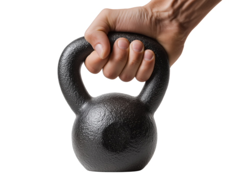A focused shot of a hand gripping a classic black kettlebell - Powered by Adobe
