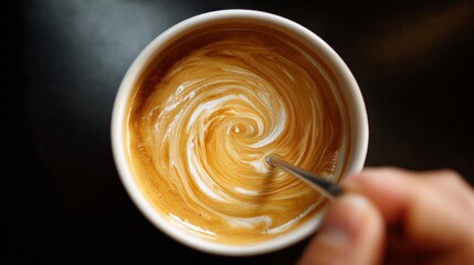 Overhead shot of a coffee cup being stirred into a swirl