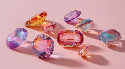 Colorful pink gems arranged artistically on a soft pink background