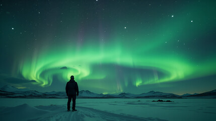 Aurora Borealis Green fluor Northern Lights and silhouette man watching. Winter landscape with polar weather in Arctic, Norway,Canada,Finland,Iceland, Sweden. Starry night sky scenery background 4k