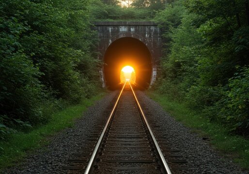 Sunlit tunnel, railway tracks - Powered by Adobe