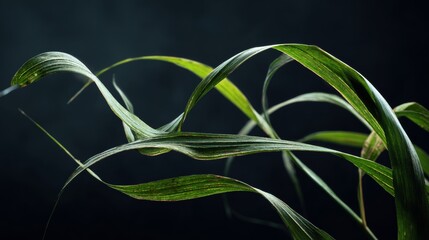 Dynamic closeup of green grass leaves on a dark background