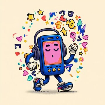 Cartoon-style vector illustration of a cheerful smartphone character with earphones walking happily and whistling. The phone has a cute face on its screen and is surrounded by emojis. Video.