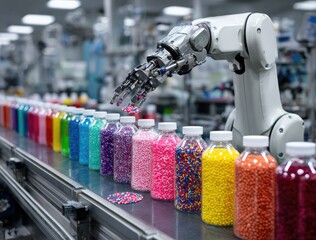 Automated robotic arm sorts colorful plastic pellets into bottles on a conveyor belt in a factory