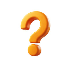 A vibrant orange question mark rendered in 3d against a stark black background with subtle reflections on transparent background