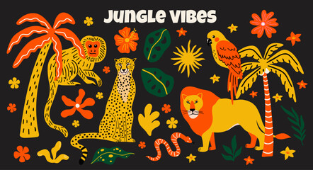 Collection of wild jungle animals, exotic flowers, tropical plants cartoon vector stickers elements in groovy funky colorful style with illustration of lion, cheetah, snake, parrot, monkey, palm tree © WeirdyTales