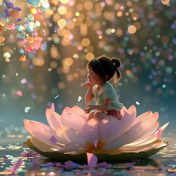 A whimsical fantasy scene of a little Asian girl sitting peacefully on a giant blooming lotus flower, surrounded by a dreamy misty lake with flower petals gently raining down. Video.
